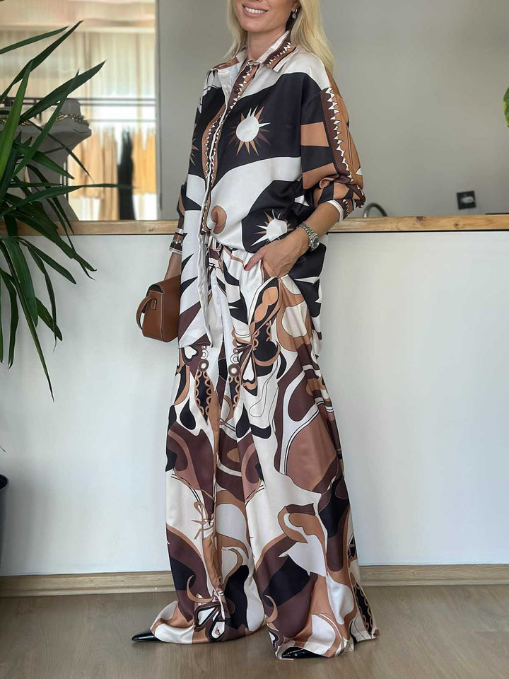 Unique Abstract Print Wide-Leg Satin Pants