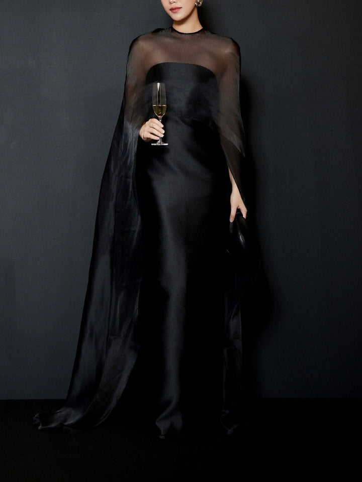 Elegant Sheer Cape Overlay Satin Maxi Dress