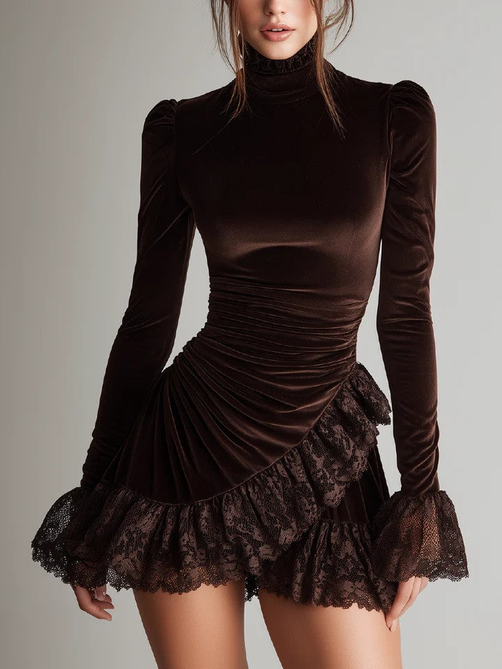 Elegant Velvet Ruffled Lace Mini Dress