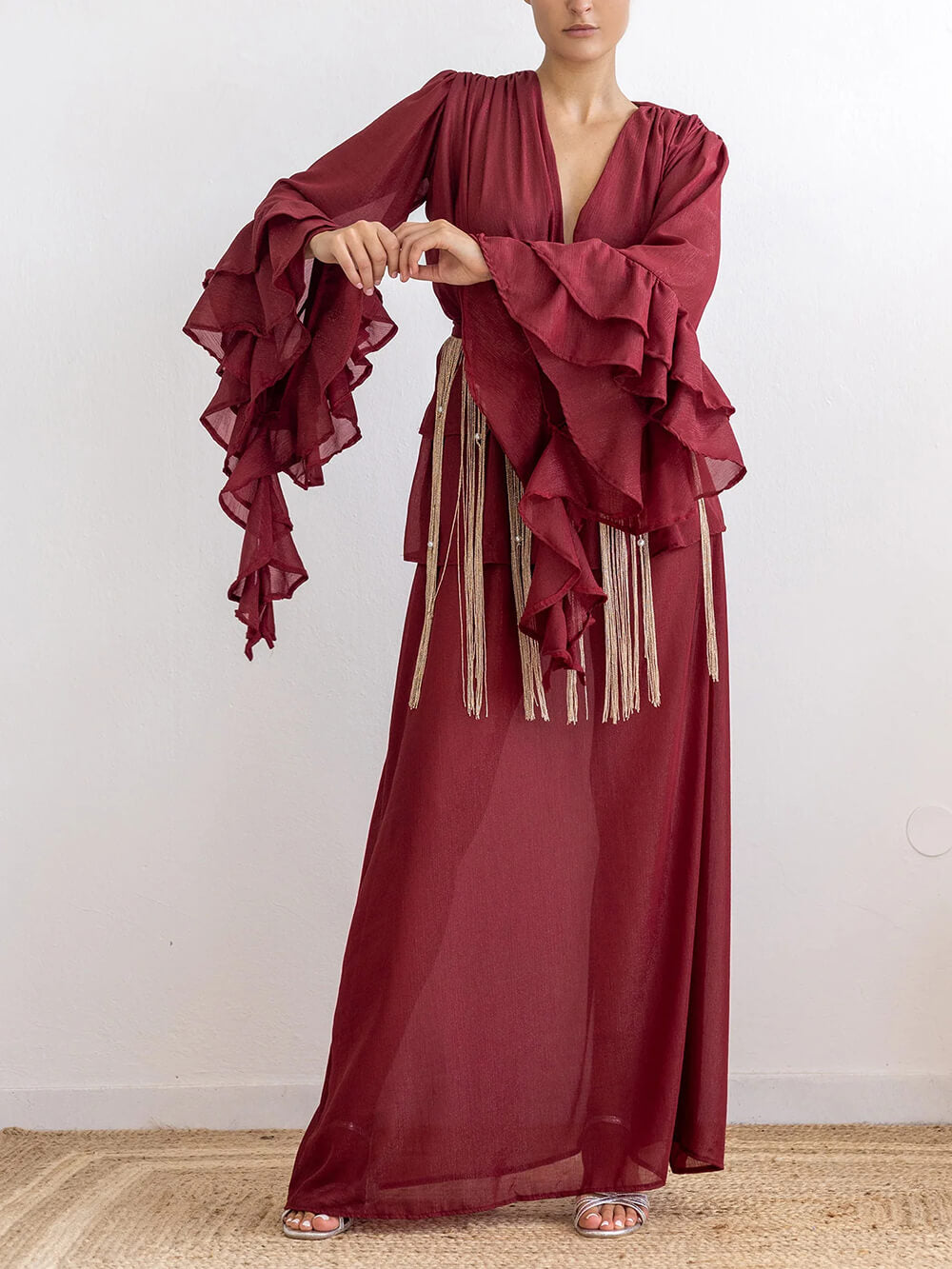 Elegant V-Neck Ruffle Ruched Chiffon Maxi Dress