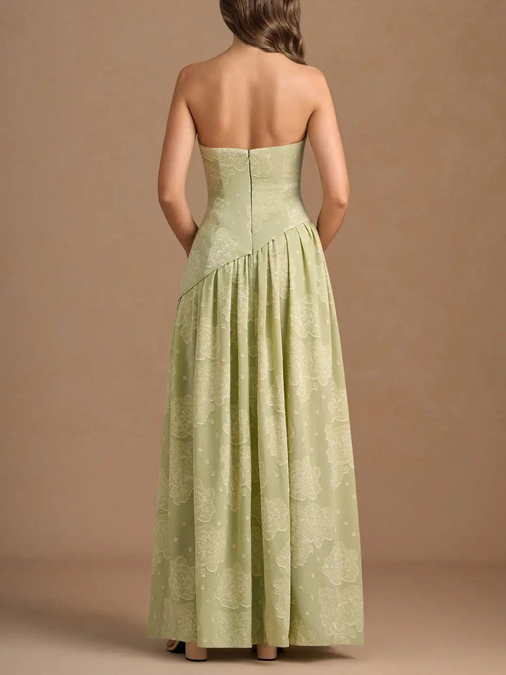 Elegant Strapless Slit Pleated Maxi Dress
