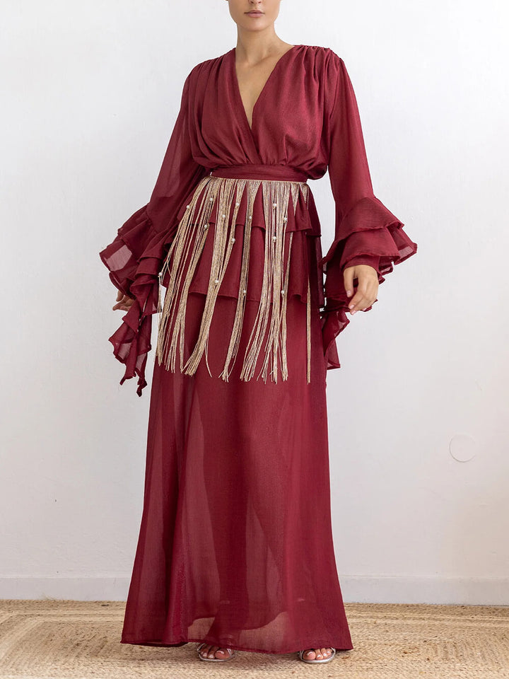 Elegant V-Neck Ruffle Ruched Chiffon Maxi Dress