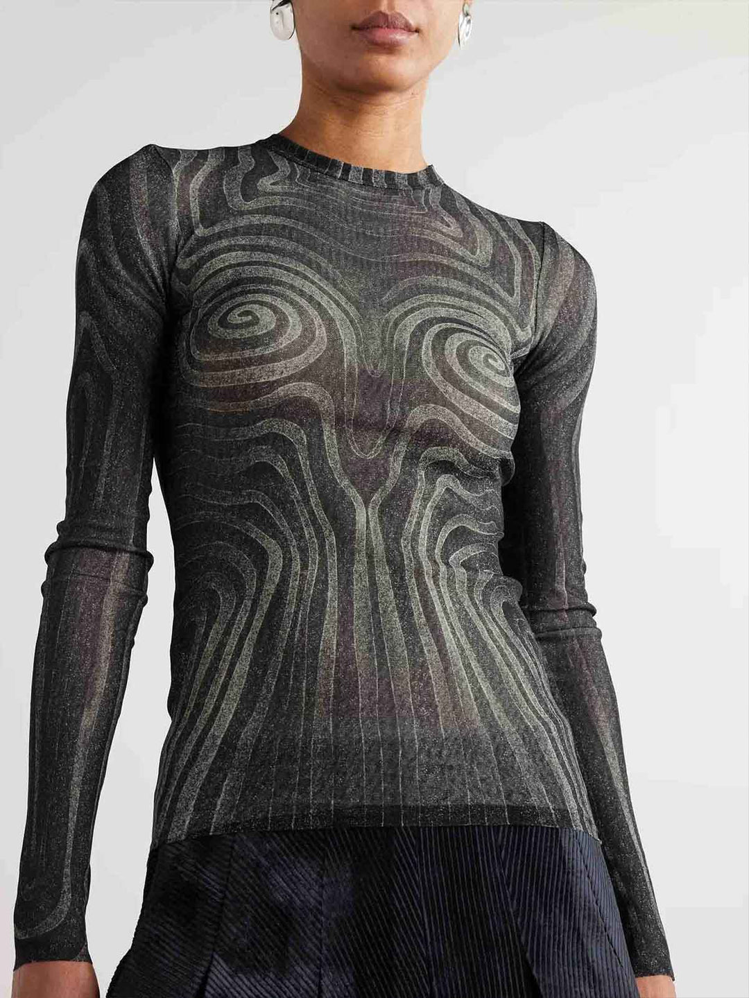Artistic Abstract Print Sheer Knit Long-Sleeve Top