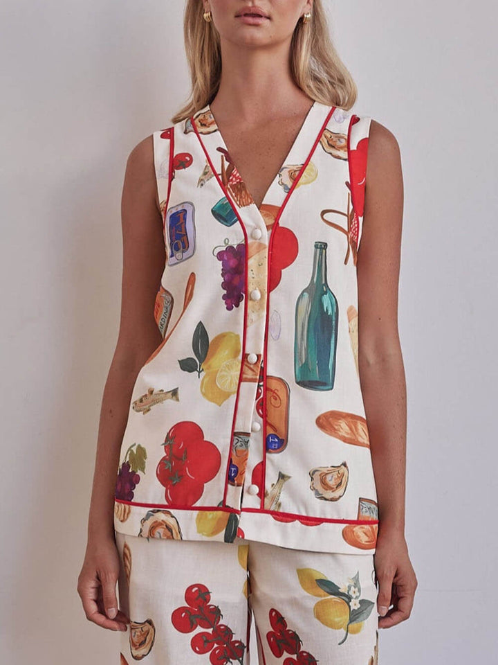 Exclusive Print With Contrasting Red Trim V-neck Button-Front Vest