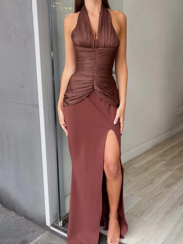 Elegant V-neck Pleated Waist Slit Maxi Dress