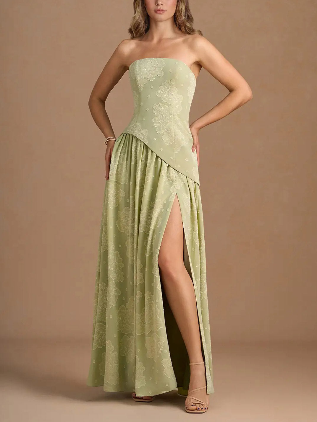 Elegant Strapless Slit Pleated Maxi Dress
