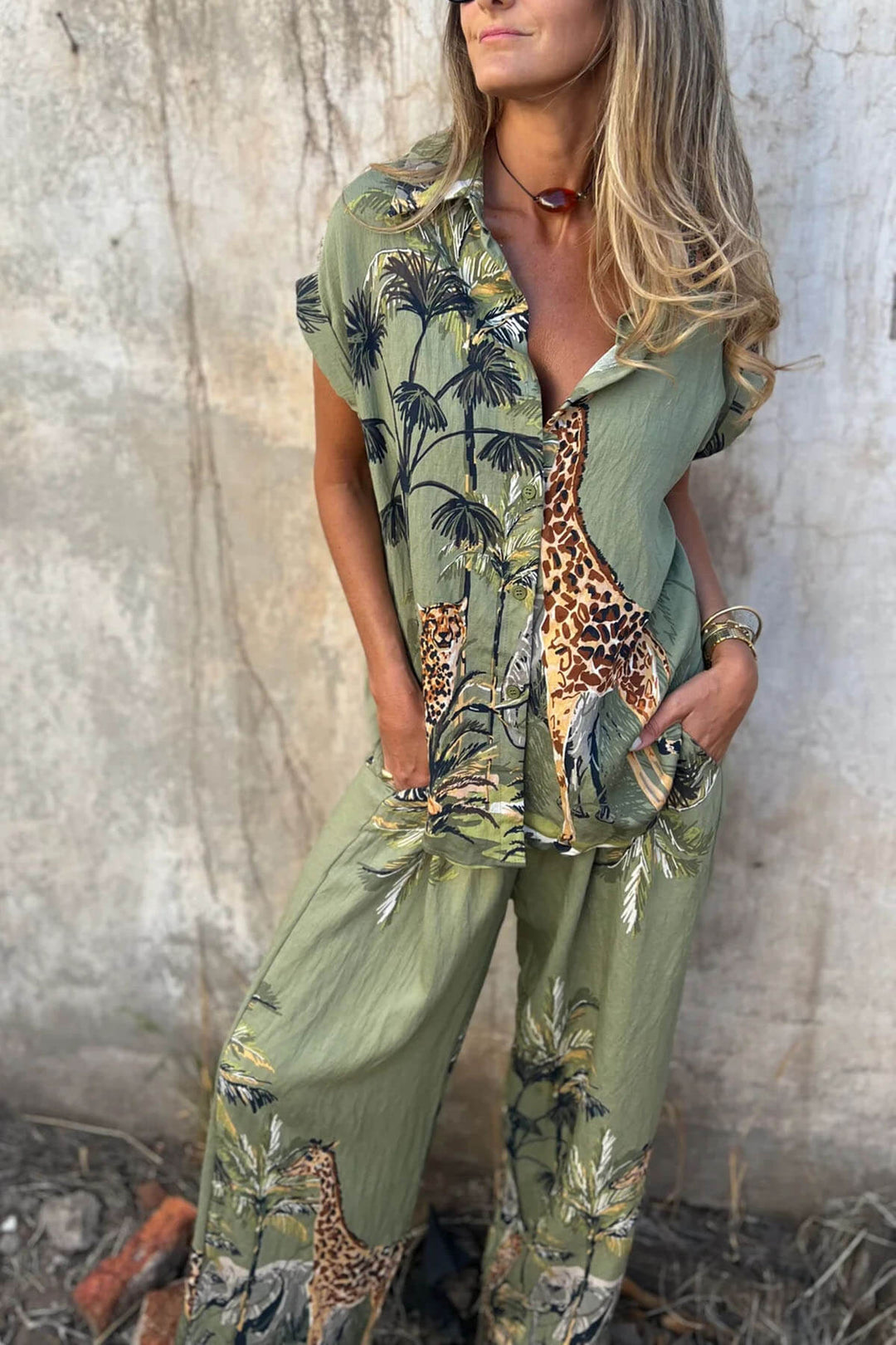Unique Jungle Print Elastic Waist Pocket Wide-Leg Pants