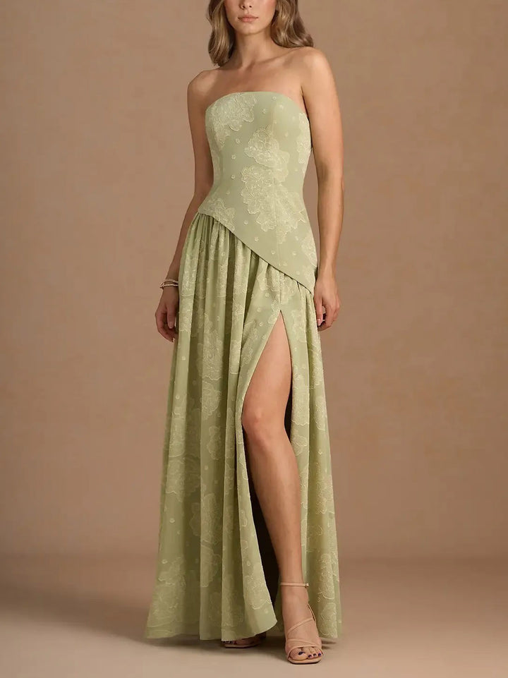 Elegant Strapless Slit Pleated Maxi Dress