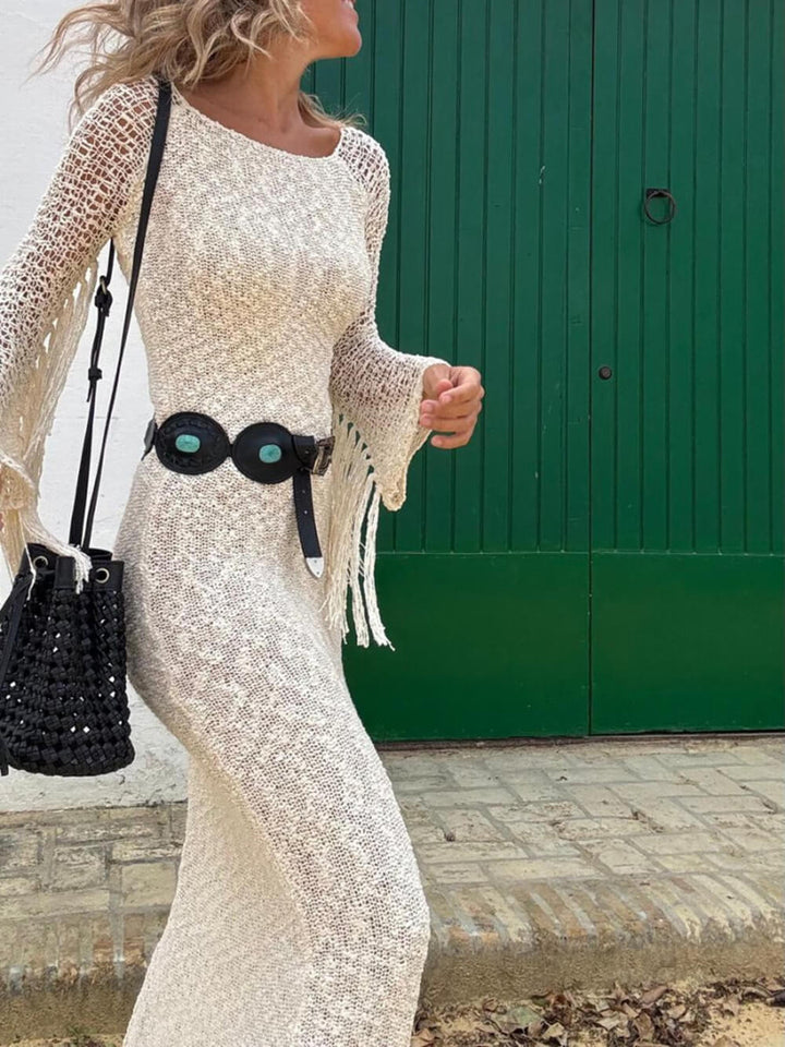 Summer Hollow Raglan Sleeves Fringe Splicing Slits Casual Dress