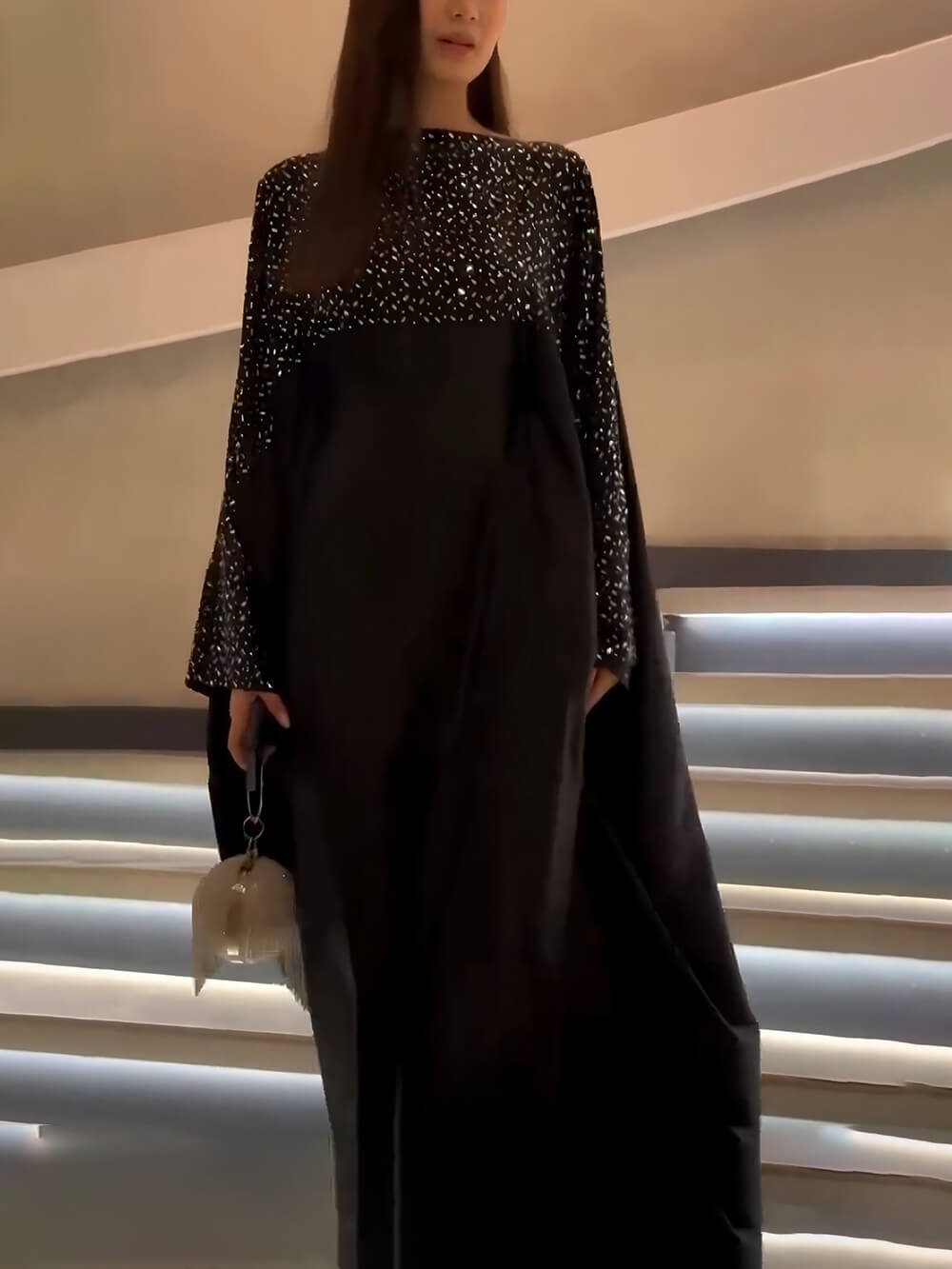 Exquisite Sequin-Panel Loose-Fit Maxi Dress