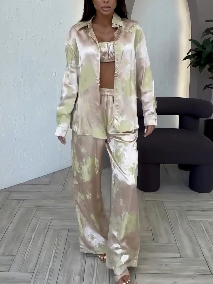 Exquisite Strapless Satin Gradient Print Long-sleeved Shirt