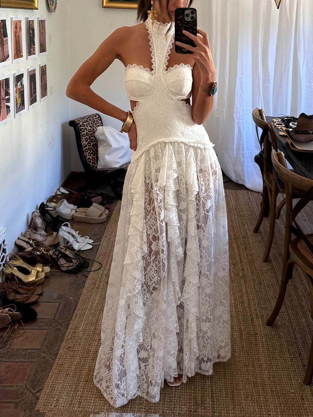 Delicate Lace High-Neck Cut-Out Ruffle Maxi Dress