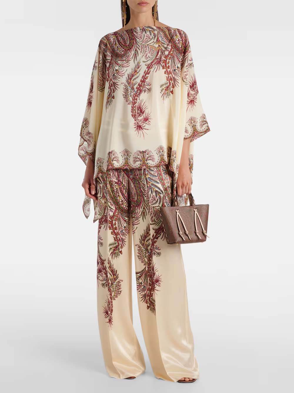 Exquisite Printed Satin Elastic Waist Loose Wide-Leg Pants