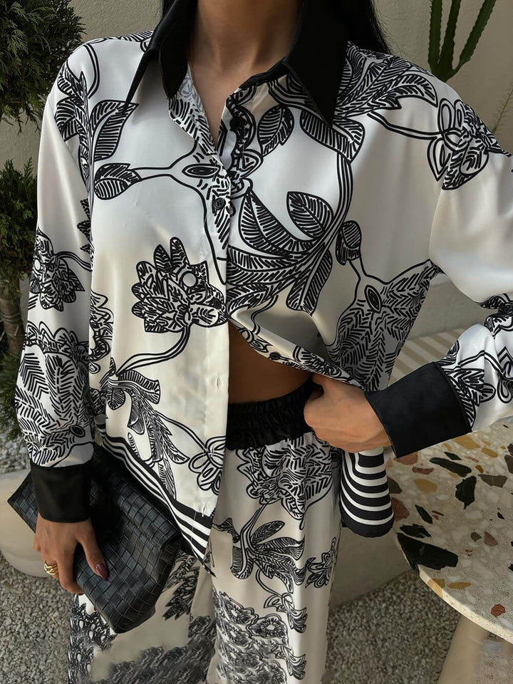 Unique And elegant Contrast Color Flowers Print Long Sleeve Shirt