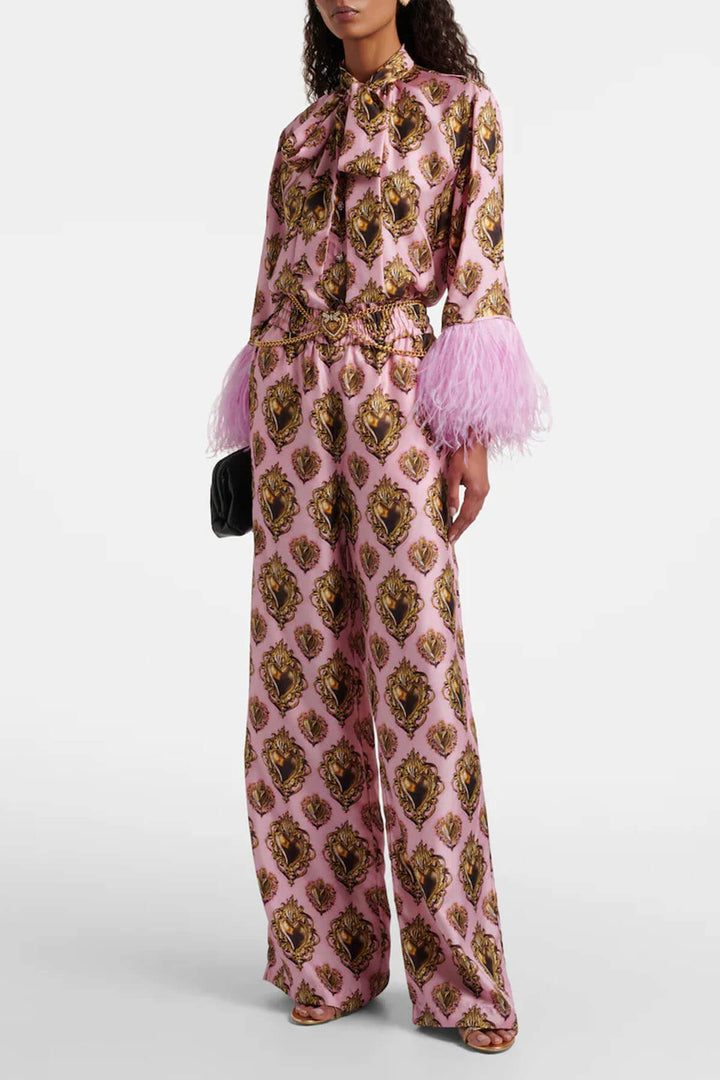 Exquisite Printed High-Waisted Satin Wide-Leg Pants