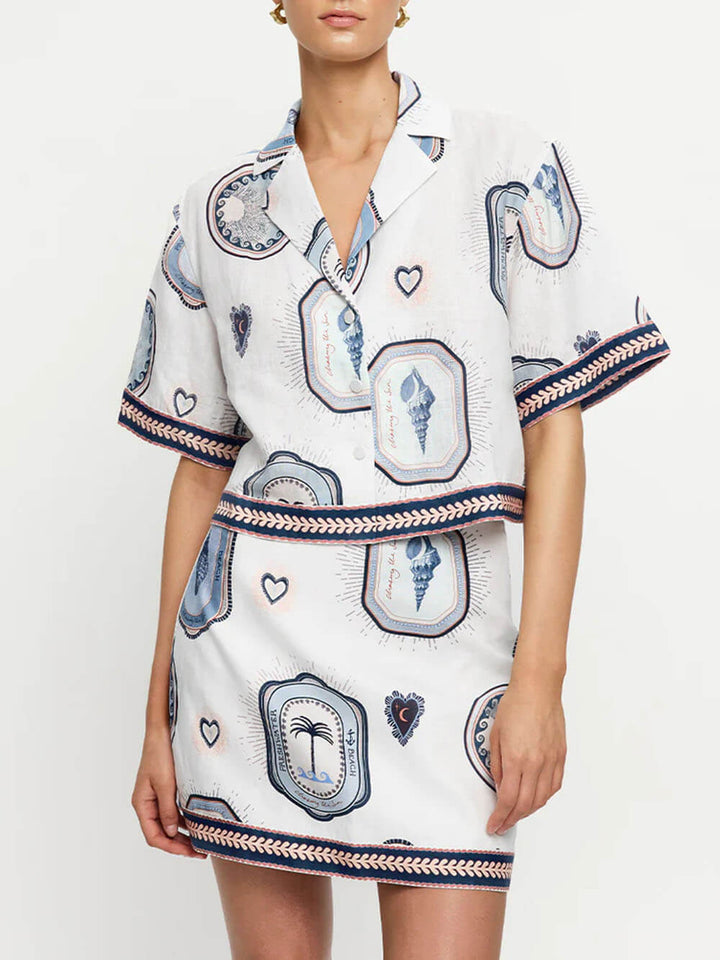 Retro Seashell Print Loose Top And A-Line Mini Skirt Set