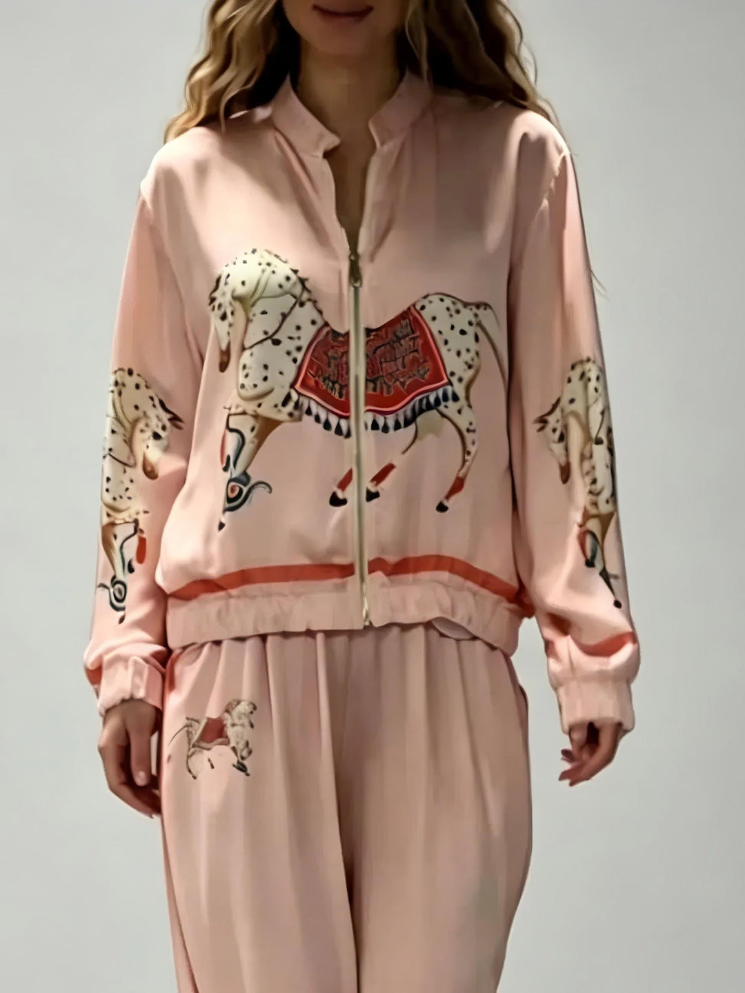 Exquisite Satin Horse Print Zip-Up Shirt