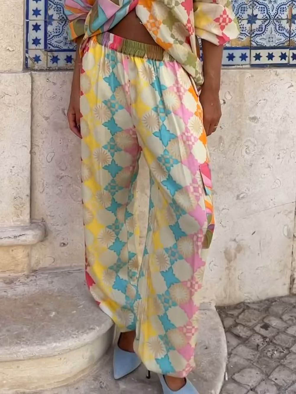 Vintage Chic Painted Print Ελαστική παντελόνα τσέπης