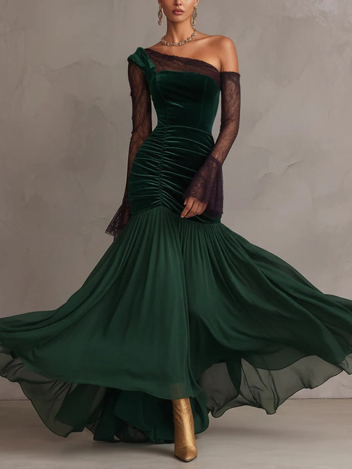 Elegant Emerald Velvet Chiffon Lace Sleeves Maxi Dress