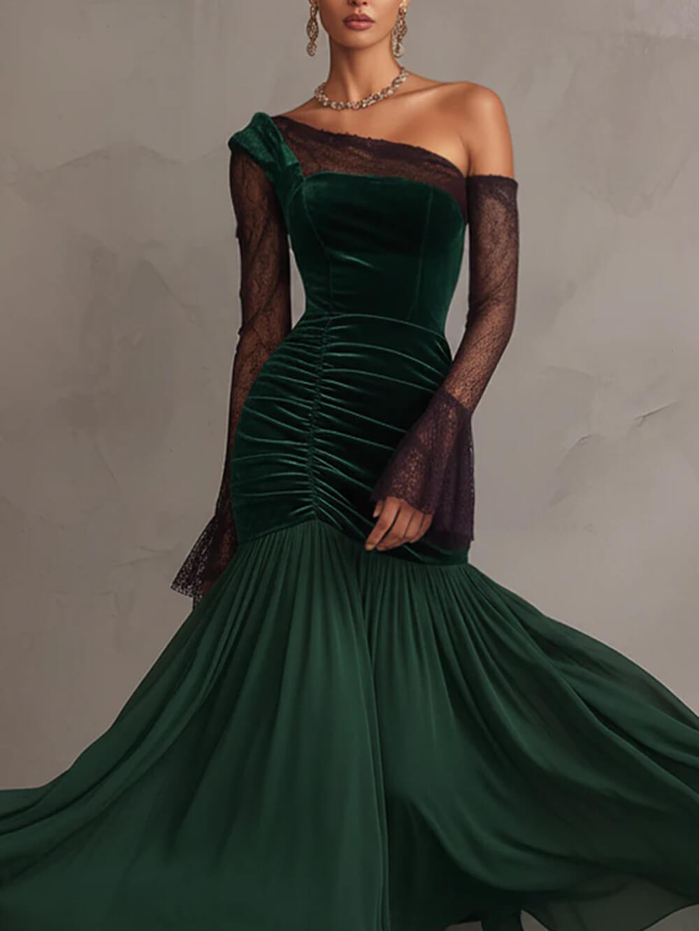Elegant Emerald Velvet Chiffon Lace Sleeves Maxi Dress
