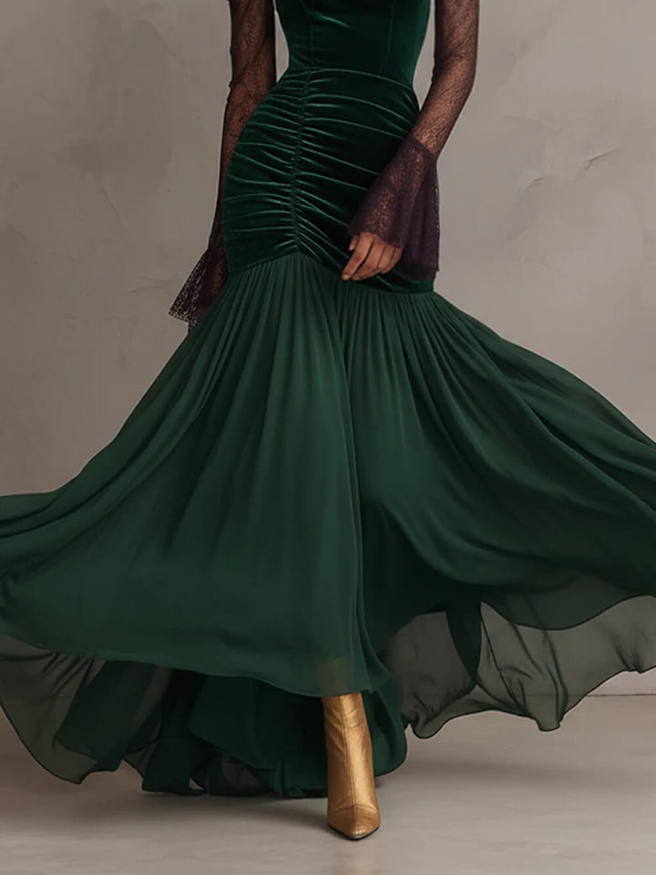 Elegant Emerald Velvet Chiffon Lace Sleeves Maxi Dress