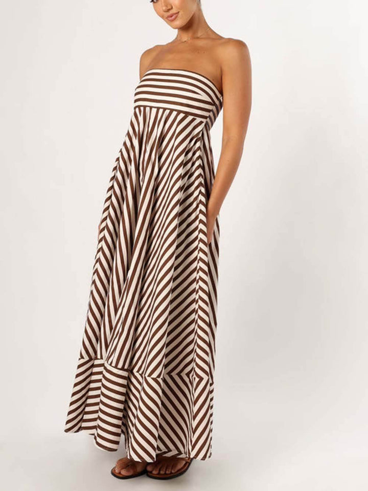 Elegante strapless maxi-jurk met bandeau-strepen en kleurblokken