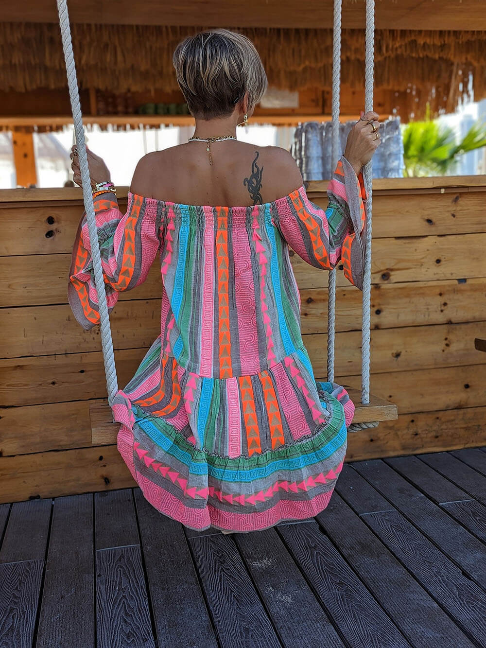 Linen Blend Etnisk Print Off Shoulder Loose Mini Dress