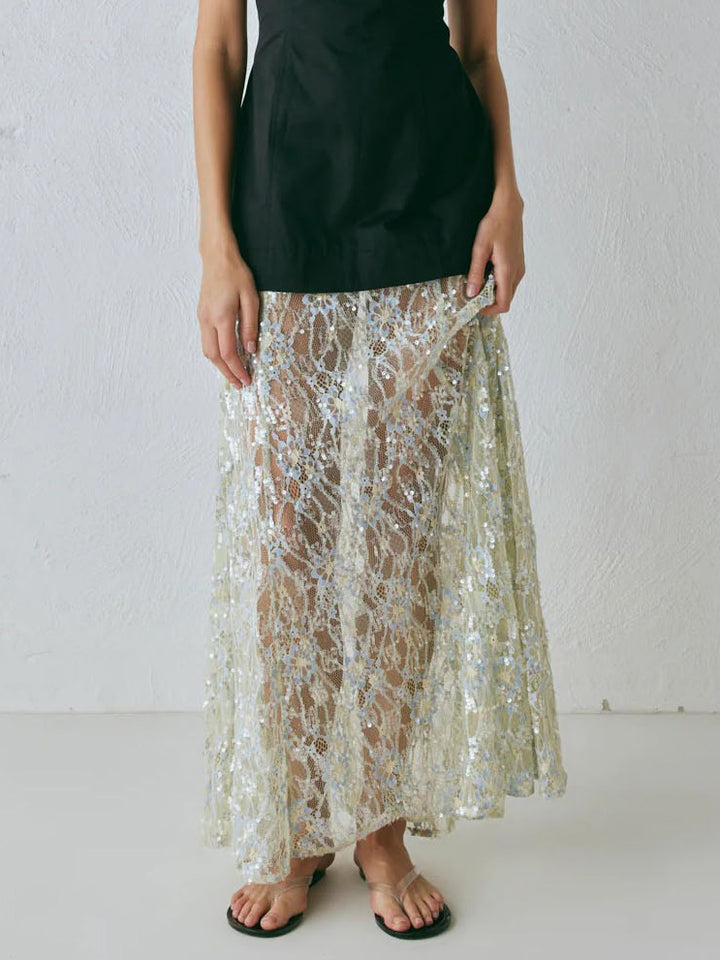 Exquisite Iridescent Lace Sheer Maxi Skirt