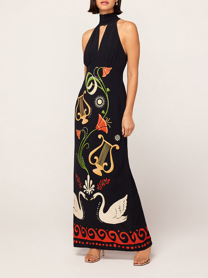 Black Cygnus And Lyra Print Halterneck Maxi Dress