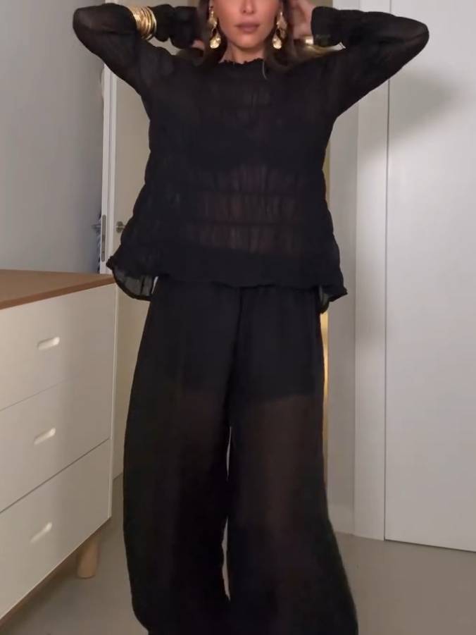 Vacation Style Long Sleeved Pleated Shirt Knickerbockers Set-Pants