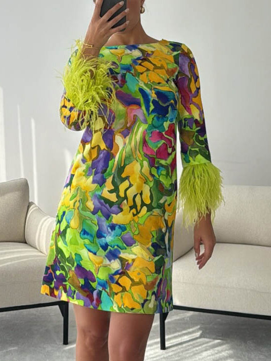 Exquisite Colorful Printed Straight Feather Cuff Mini Dress