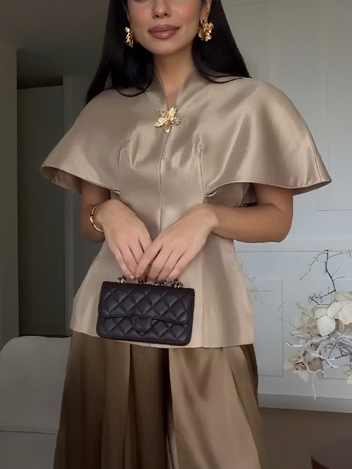 Exquisite Satin Cape Top & Wide-Leg Trousers Two-Piece Set