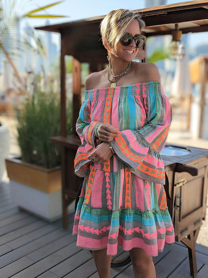 Linen Blend Ethnic Print Off Shoulder Loose Mini Dress