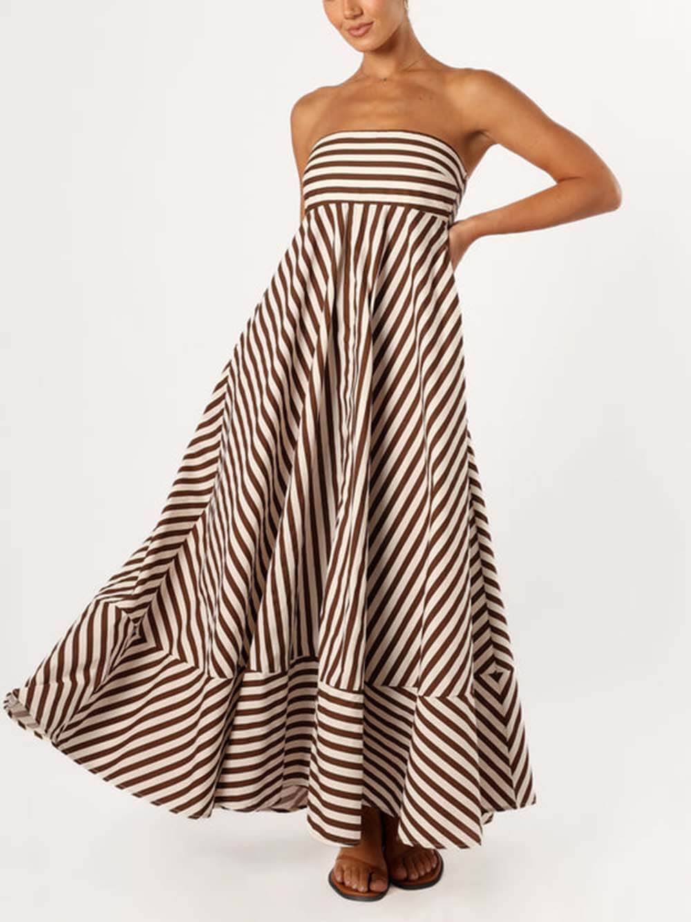 Elegante strapless maxi-jurk met bandeau-strepen en kleurblokken