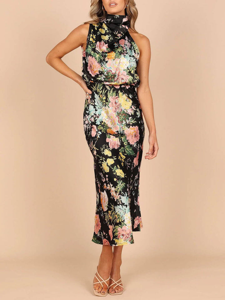 Floral Halter Hals Elastisk midje Maxikjole