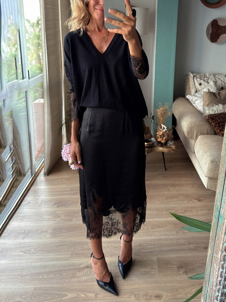 Elegant Satin Lace Hem Midi Skirt