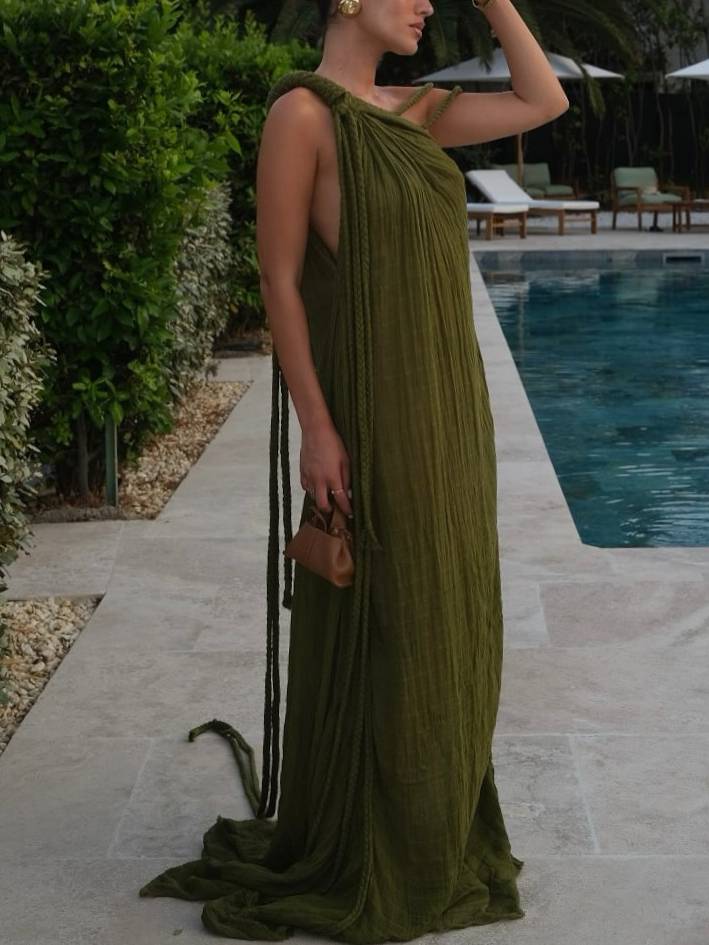 Vacation Style Off-Shoulder Braided Design Maxi Dress