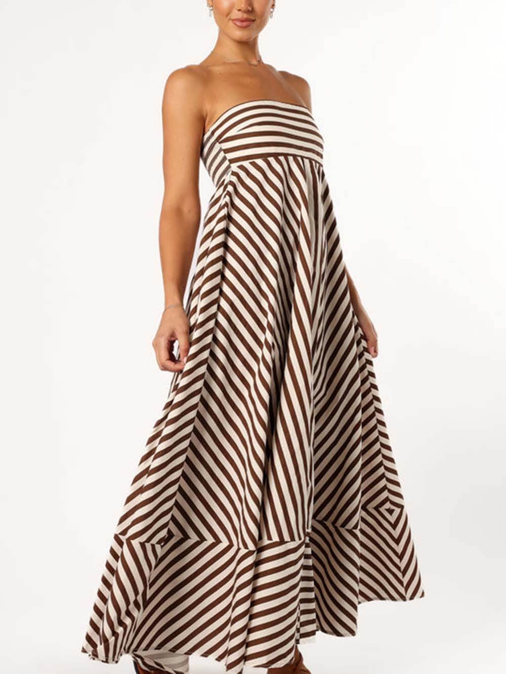 Elegante strapless maxi-jurk met bandeau-strepen en kleurblokken