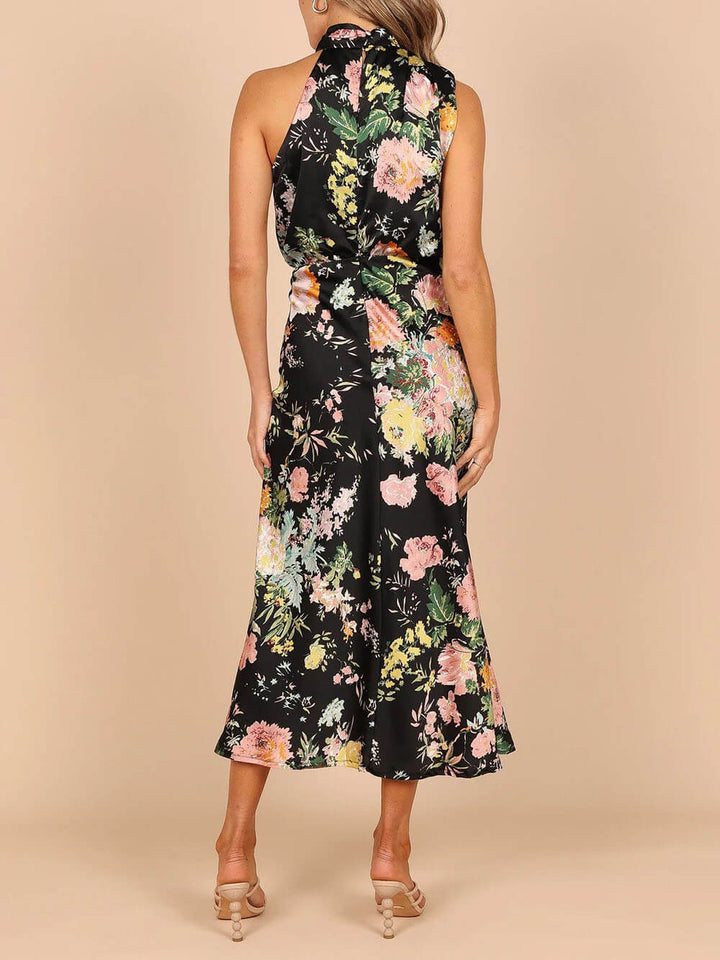 Robe longue florale à taille élastique et col licou