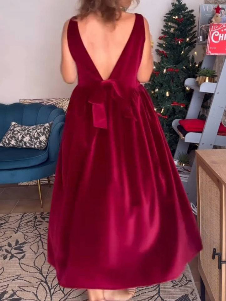 Velvet Backless Bow Midi Dress