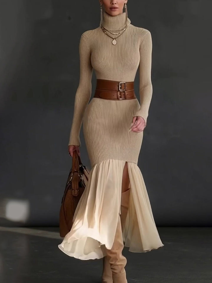 Elegant Asymmetrical Ruffled Knit Midi Dress