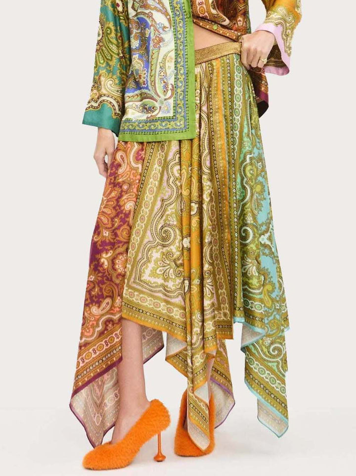 Vintage Paisley Print Satin Skirt Two-Piece Set