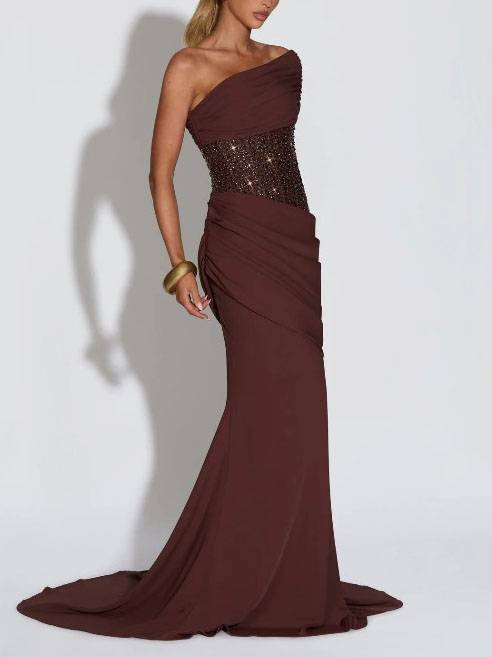 Sequin Splicing Off-Shoulder Pleated Maxi Dress