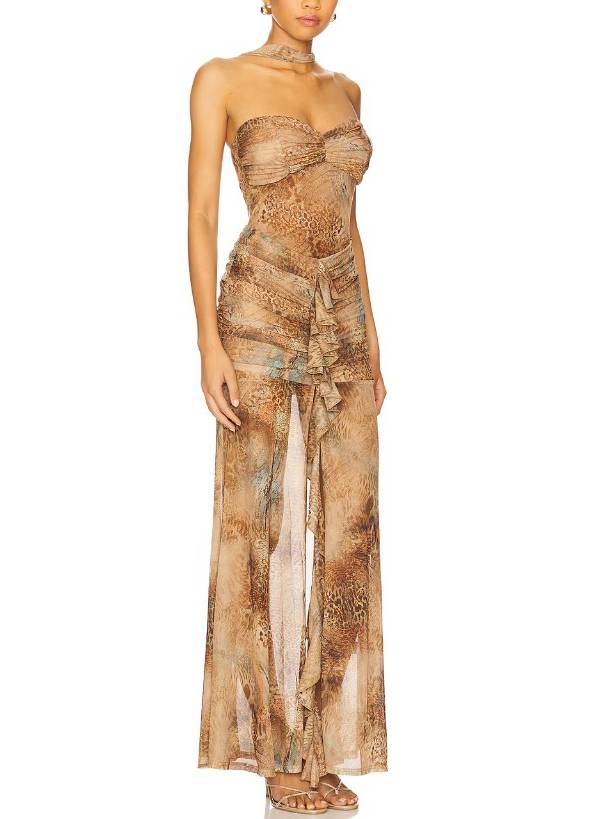 Unique Printed Pleated Design Maxi Dress
