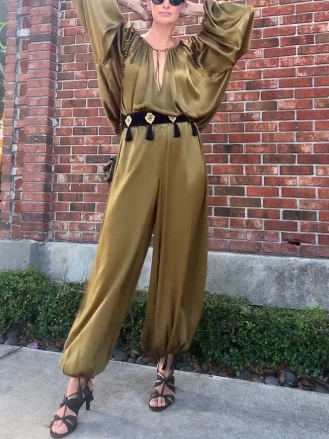Vacation Style V-neck Lace-up Jumpsuit (Belt Not Included)
