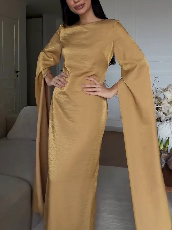 Simple Draped Sleeve Satin Maxi Dress