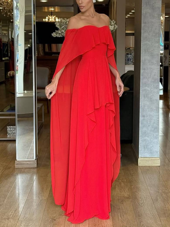Off-shoulder Shawl Design Multi-layer Maxi Dress
