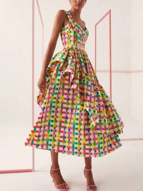 Colorful Check Irregular Hem Dress