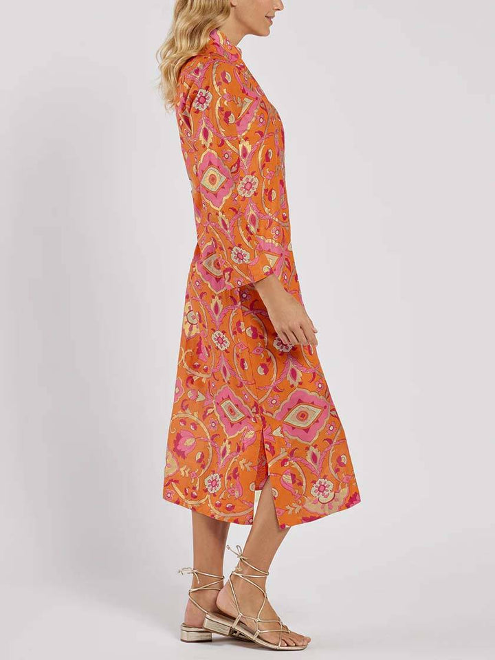 Stand Collar Printed Midi Dress