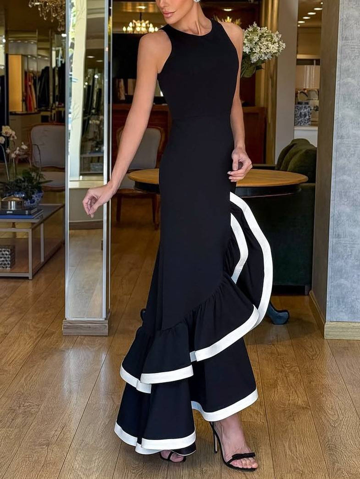 Color Contrast Ruffled Midi Dress
